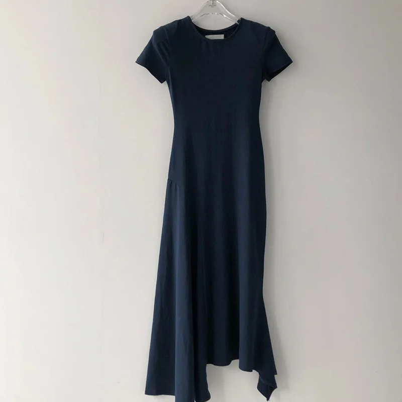 

SummerBlack Temperament O Neck Short Sleeve Irregular Dress Women Slim Was Thin Fashion All-Match Grey Blue Vestido Mujer Casual