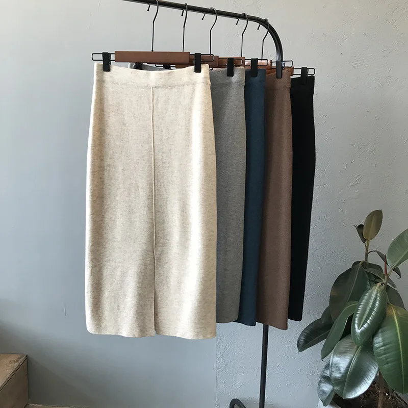 

2020 High Waist Knitted Bodycon Pencil Sexy Split Hem Long Skirts Vintage Women Skirt Faldas Jupe Femme Saia