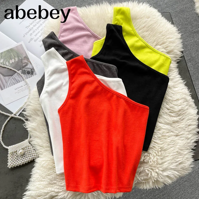 

Solid Strap Slim Tank Tops Sexy Women Sleeveless One-shoulder Blouse Casual Hollow Out All-match Tops 2021 Style