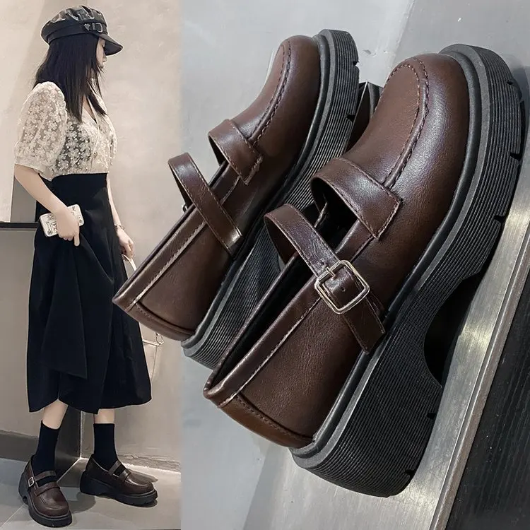 

Black British-style Spring and Autumn Single Shoe for Spring 2021 by Mary Jane Small Leather with High Soles