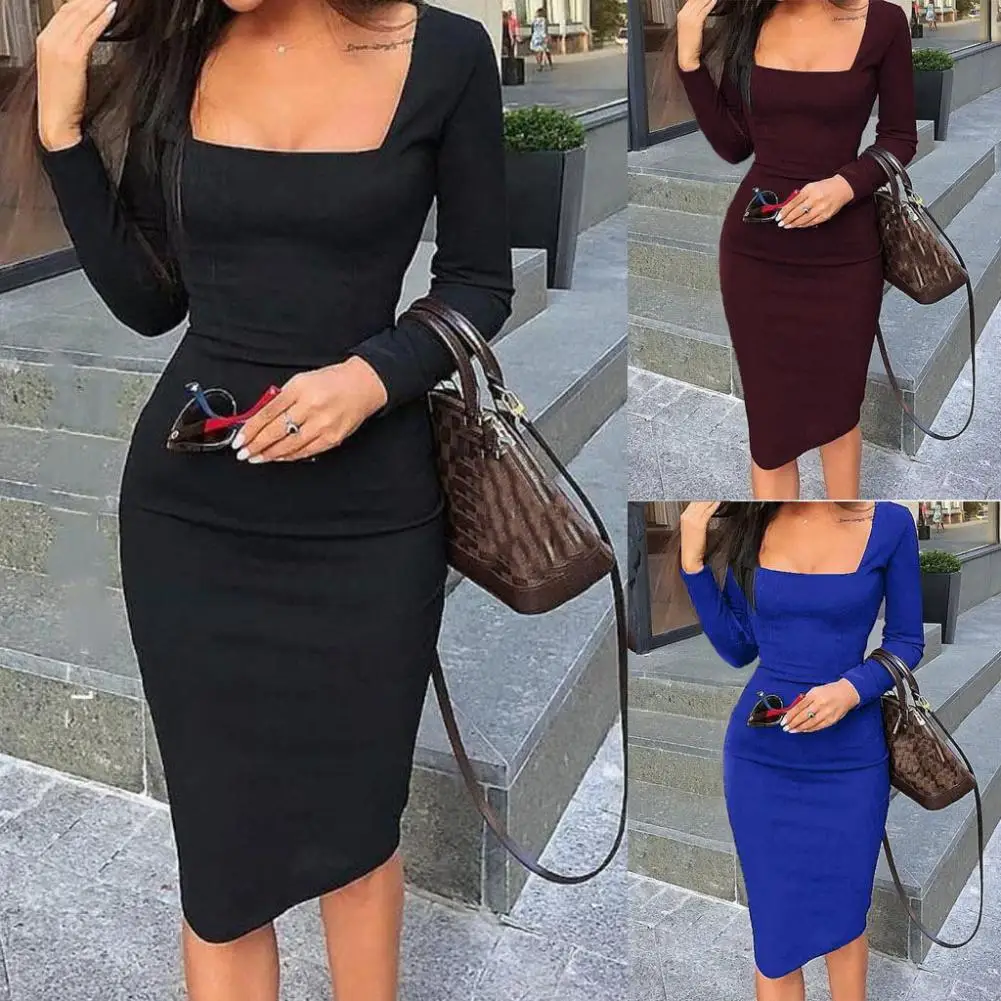 Women Solid Color Low Cut Long Sleeve Bodycon Banquet Party Knee-length Dress Vestidos Elegant Ladies | Женская одежда