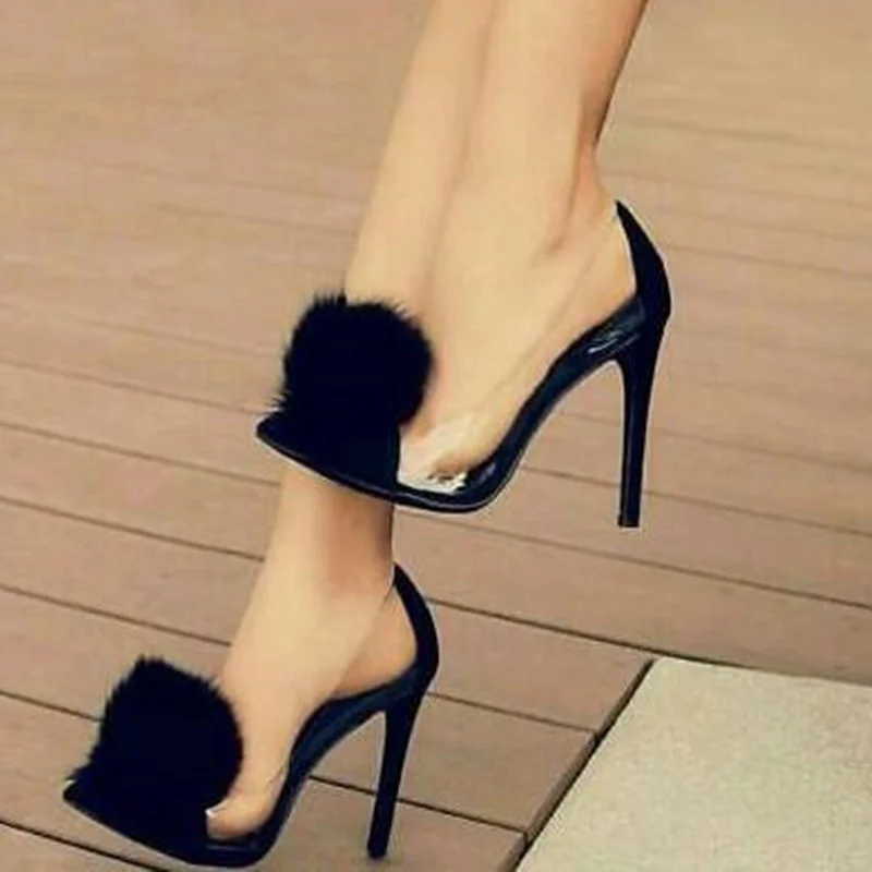 

Hot Selling Clear PVC Pom Pom Pumps Black Suede Patchwork Pointed Toe Dress Shoes Slip-on Fur Decor Formal Party Shoes