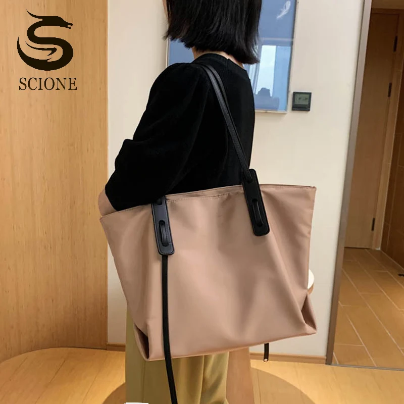 

Новинка 2021, женские нейлоновые ПУ сумки на плечо, женские большие вместительные дорожные сумки, модные повседневные сумки-тоут, простые чер...