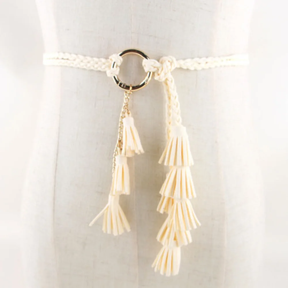 Дамы круглая пряжка Плетеный тощий пояс платье с кисточками поясные