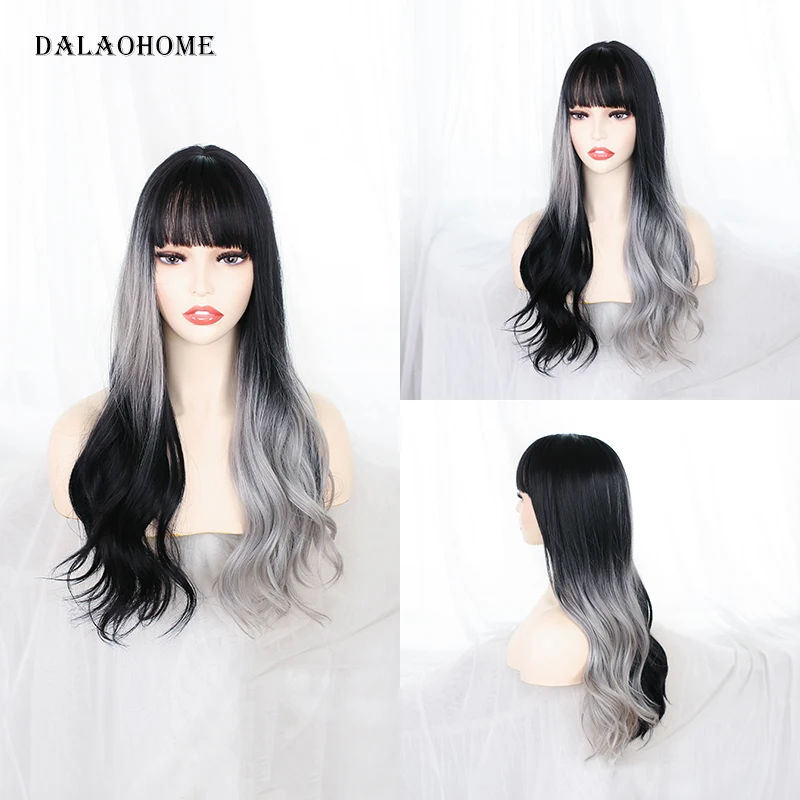 

Dalaohome Natural Wavy Long Synthetic Wig With Bangs Cosplay Party Lolita Woman Hair Ombre Harajuku Wavy Water Wave Wigs Hairs
