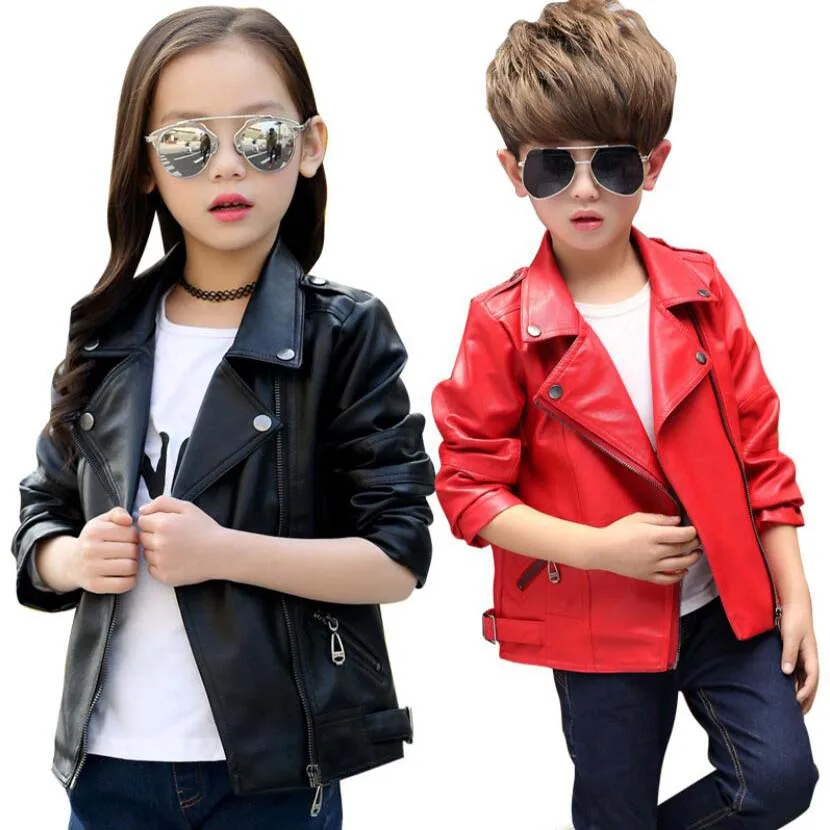 

Spring kids warm jacket baby boys girls PU leather casual coat 3-13T child fashionable clothes teenage outwear windbreaker tops