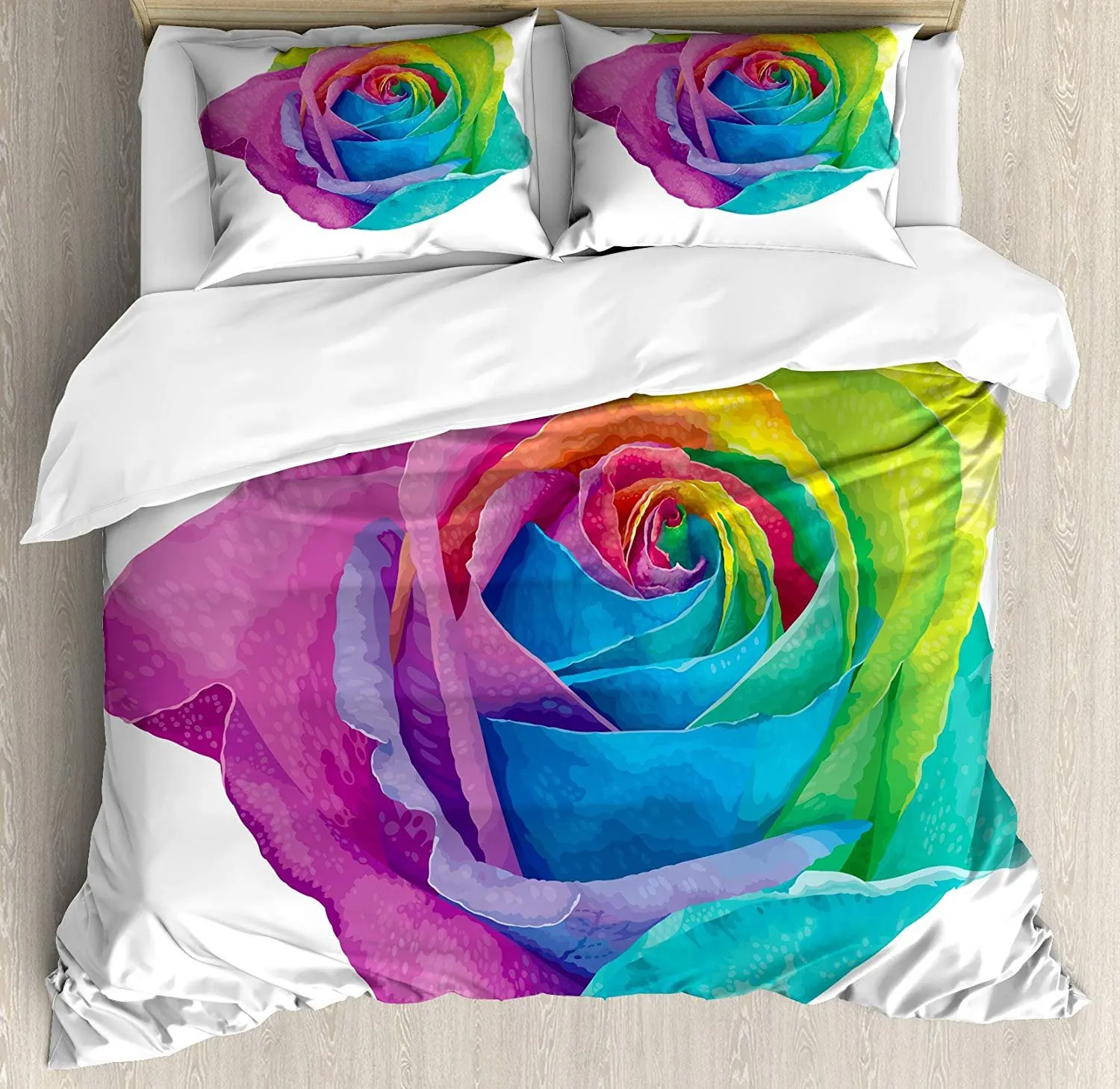 

Vintage Rainbow Bedding Set Romantic Blooming Rose with Colorful Petals Love Flower Valentine's Day Duvet Cover Pillowcase