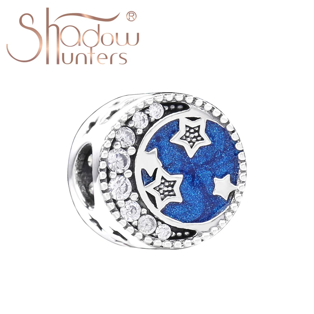 

SHADOWHUNTER Real 925 Sterling Silver Crystal Moon Stars Charms With Blue Enamel Women DIY Bead For Gift Round Shape Encanto