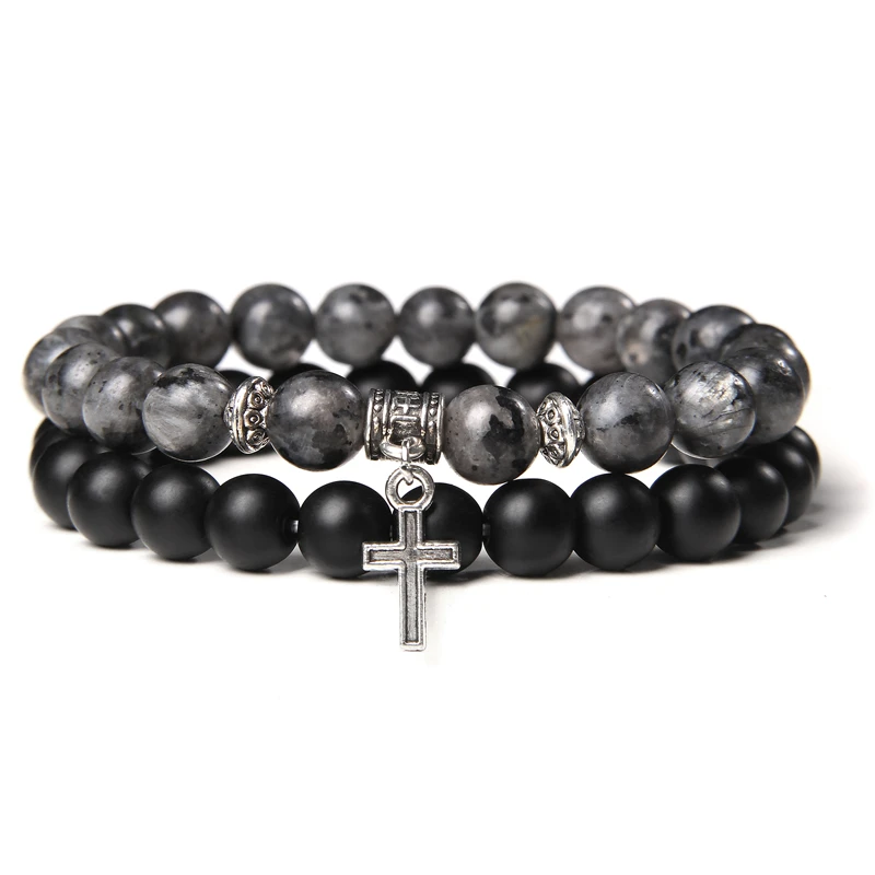 

Cross Bracelet Blessing Jewelry Men Natural Healing Energy Labradorite Black Matte Onyx Stone Beads Bracelets Stretch Women Gift