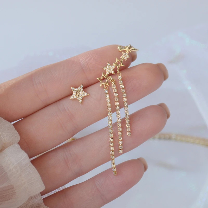 

High Quality 14K Real Gold Pentagram Moon Asymmetrical Tassel Temperament Stud Earrings for Women Date Jewelry