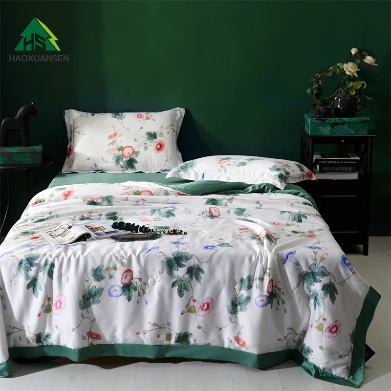 

Luxury Morning Glory Print Thin Quilt Lyocell Tencel 650 Thread Count Fabric Summer Comforter Adult Bed Cover Queen King Size