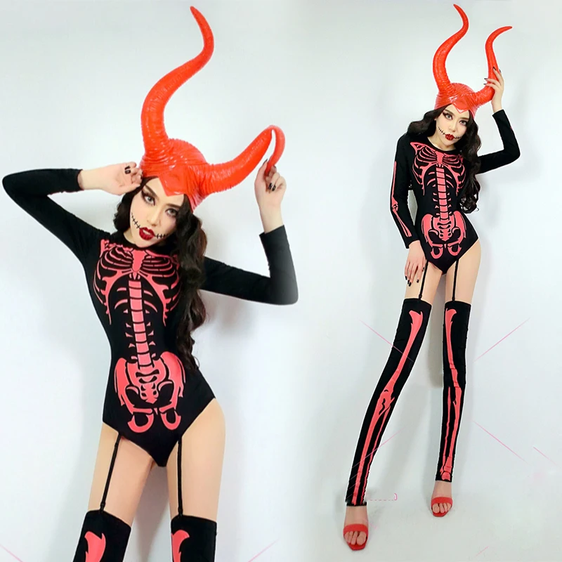 

Bar Halloween Vampire Bride Witch Queen Cosplay Skull Print Bodysuit Zombie DS Jazz Costume Festival Outfit Rave Wear DNV13113