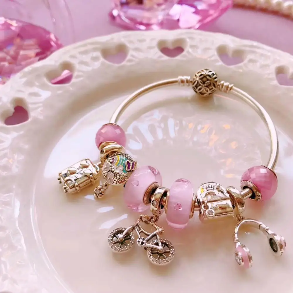 

LIDU 100%925 Sterling Silver High Quality 2019 New Stylish Exquisite Bicycle Headphone Travel Bag Pink Bracelet Free Delivery