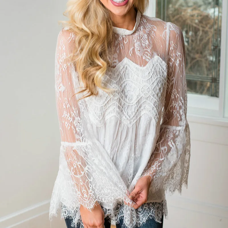Женские блузки рубашки топы Лоскутные кружева тюль прозрачные с длинными