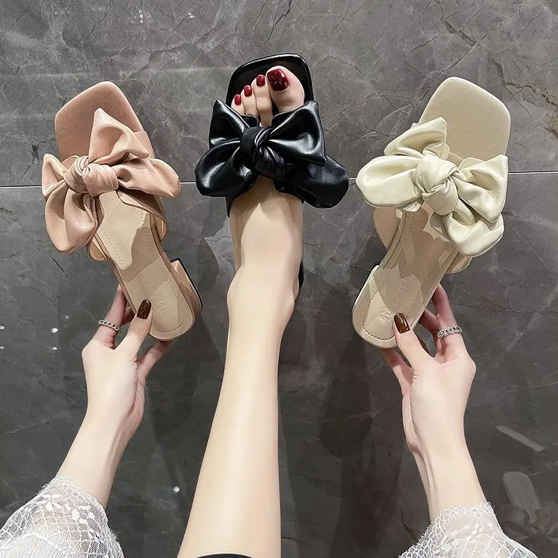 

Slippers Women Summer Luxury Slides Square heel Sliders Shoes Low Butterfly-Knot Pantofle Designer Block Soft 2021 Rubber Bonded