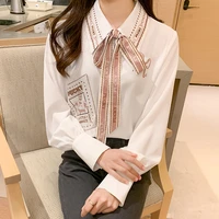bow tie ribbon women shirt autumn spring chiffon blouse office ladieslong sleeve printed doll collar fashion female tops 2021