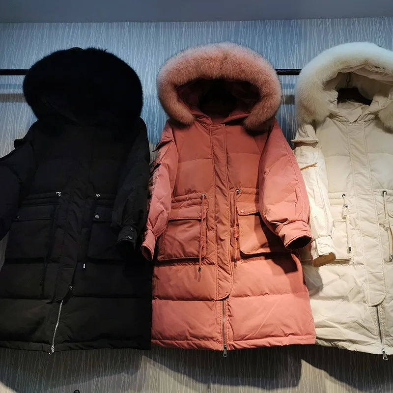 

FTLZZ New Winter Women Loose 90% White Duck Down Coat Natural Fox Fur Collar Warm Thick Long Down Parkas Snow Hooded Outwear