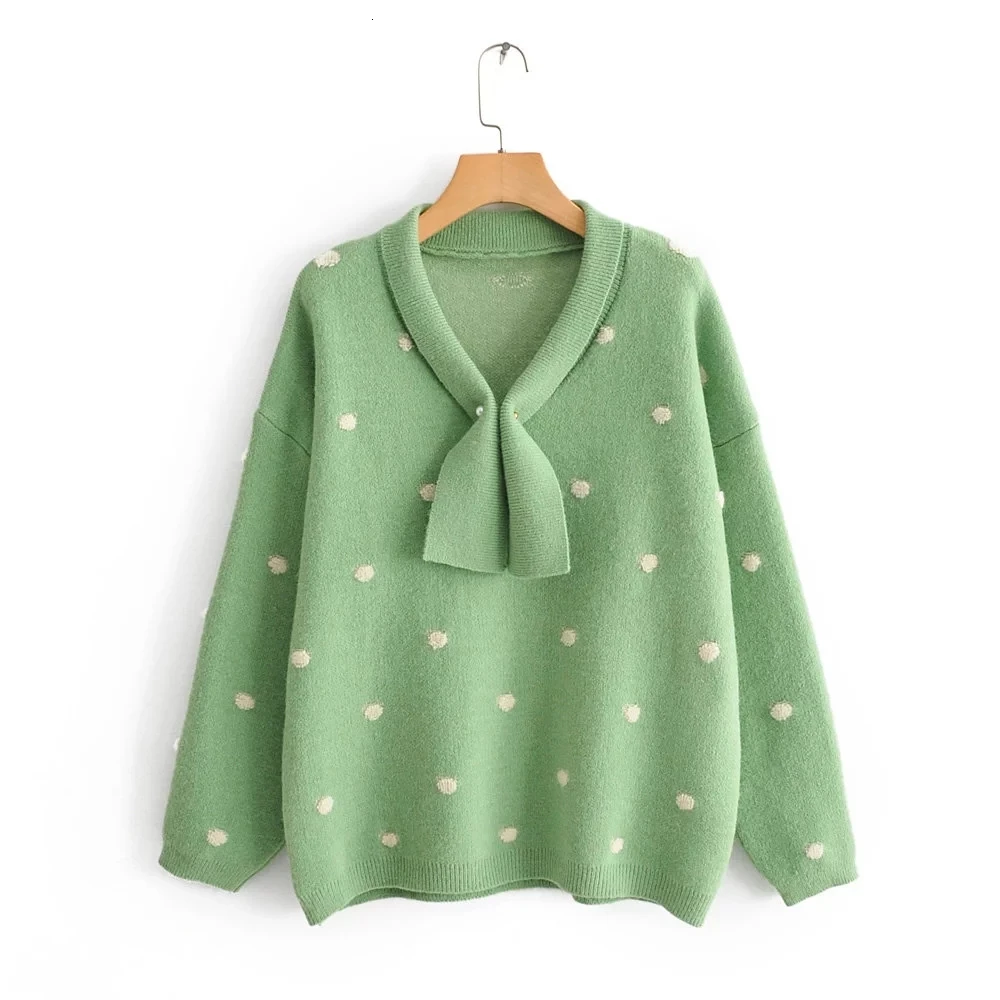 H.SA Women Winter Sweaters Long SLeeve Crew Neck Pink Pullover and Sweater Polka Dots Bow Sweaters Kawaii Knitwear Tops