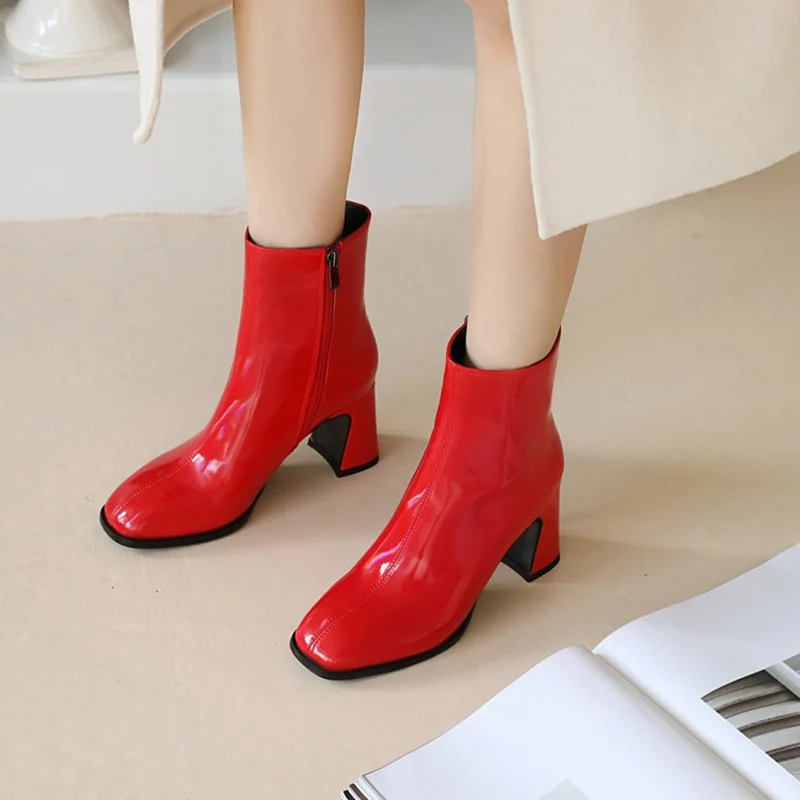 

RIZABINA New Women Fashion Ankle Boots Square Toe Zipper Thick High Heel Outdoor Boots Ladies Footwear Autumn Plus Size 34-43