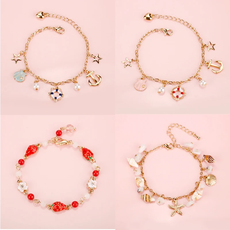 Fashion Starfish Crab Star Conch Shell Anchor Charm Bracelets For Women Girls Sweet Style Strawberry Flower Heart Pearl Bangles