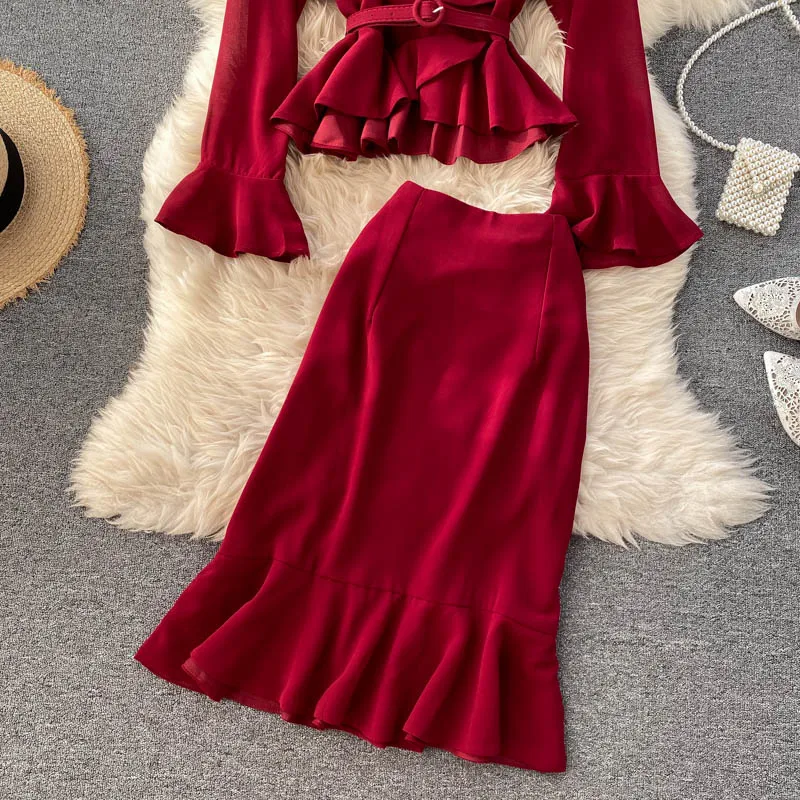 

Office Lady Green/Red/Black Two Piece Set Women Casual V-Neck Flare Long Sleeve Ruffle Tops + Mermaid Skirt Suit Autumn Winter