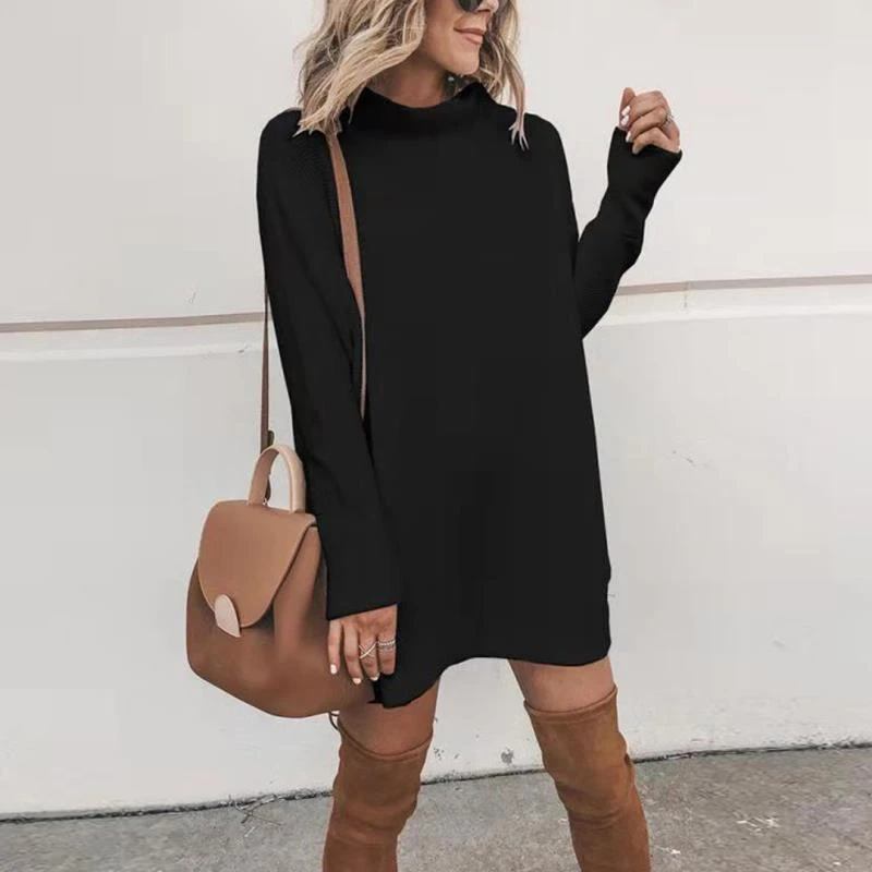 

New product for autumn and winter knit sweater solid color half high neck long hedging comfortable warm sweater dress MY19079