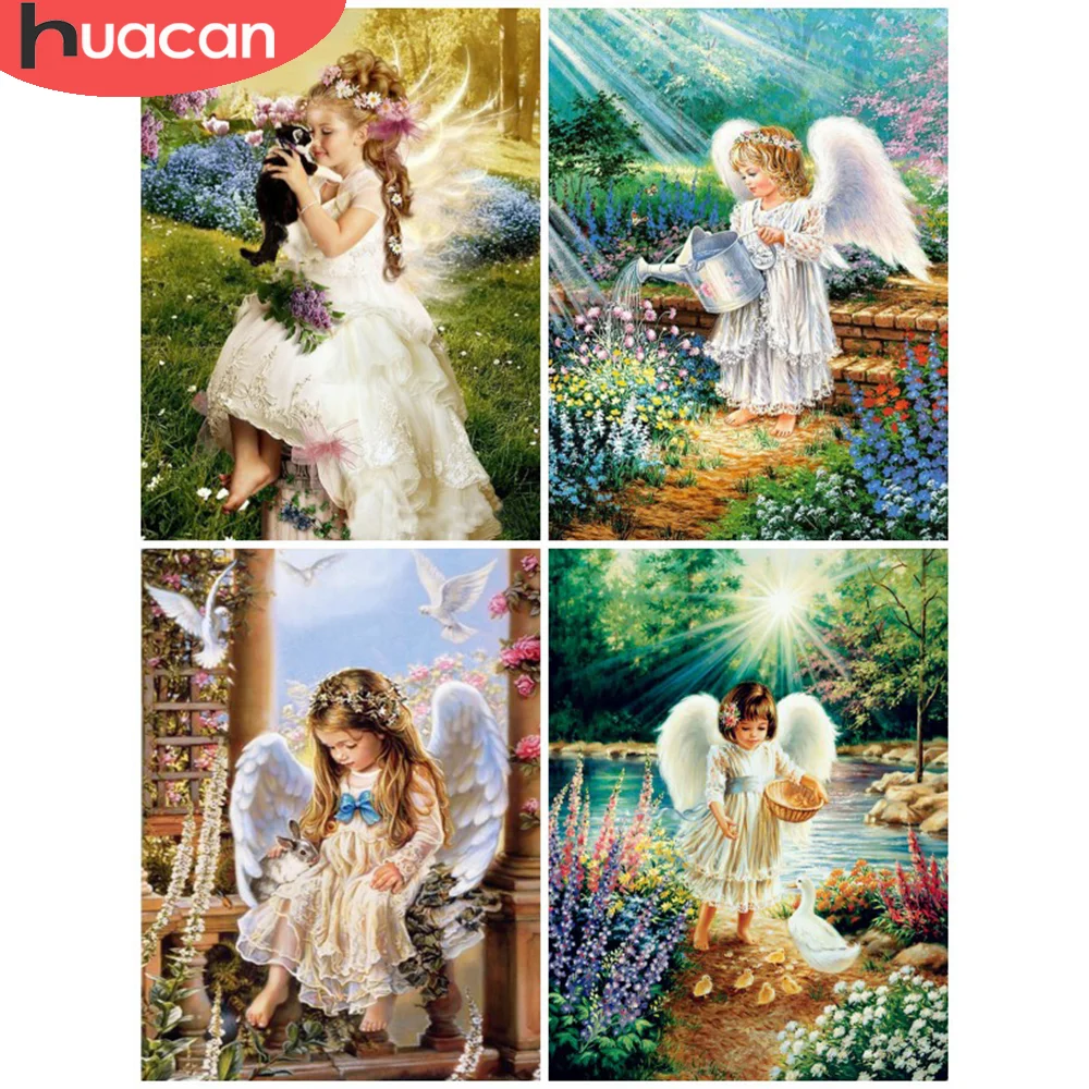 

Алмазная живопись HUACAN с ангелом, 5D «сделай сам», полная вышивка, вышивка крестиком, крылья, домашнее искусство, декор для детской комнаты