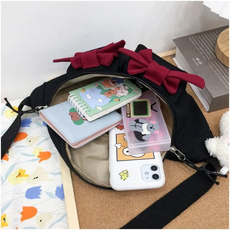 

Cute Bows Chest Bags Women Cross Body Canvas Bag Preppy Japanese Style Students Harajuku Design One-shoulder Fanny Pack Cute Ins