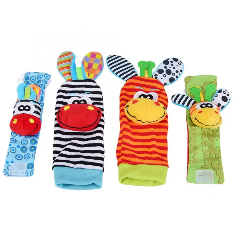 

4pcs/lot Baby Rattles Toy 0-12Months Wrist Strap Rattles Animal Socks Toy New Wristbands Infant Soft Handbells Hand Foot Socks