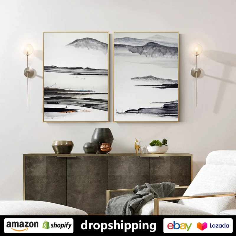 

ART ZONE Chinese Landscape Ink Mountain river prints Wall Art Canvas posters Artwork Home living room bedroom den office Decor