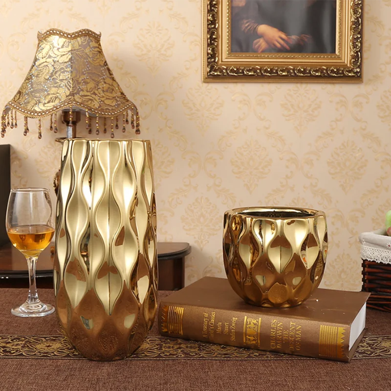 Керамическая ваза в скандинавском стиле Золотая с большим горлышком для цветов