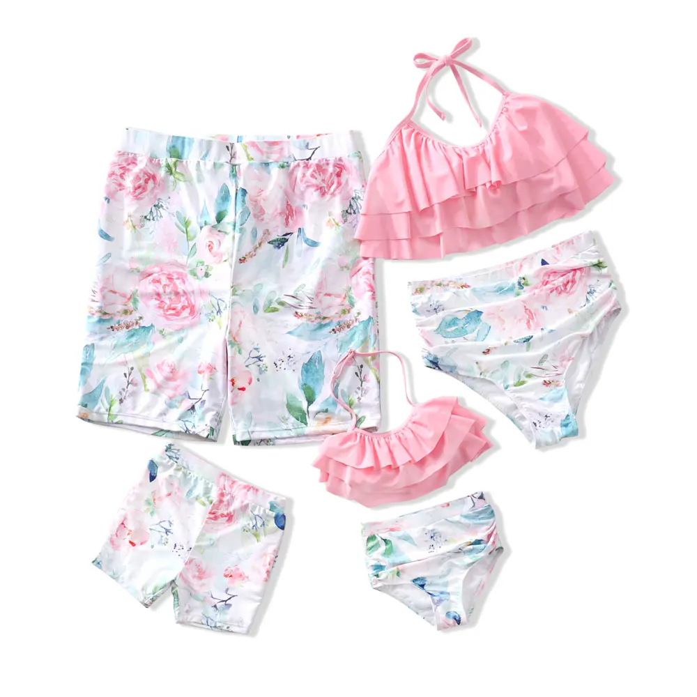 

Cute Flower Family Matching Swimwear Mom Daughter Bikini Set Father Son Beach Shorts Girl Swimsuit Pink