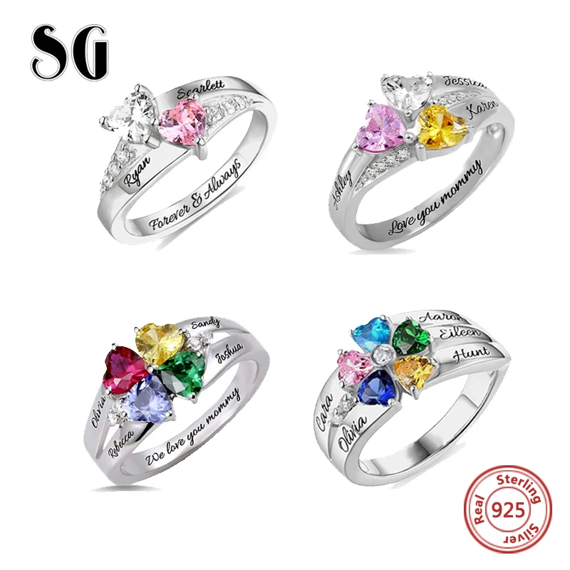 SG Personalized 925 Sterling Silver Rings Custom Heart Birthstone Ring With 2-5 Names Jewelry for women Mother day's Gift