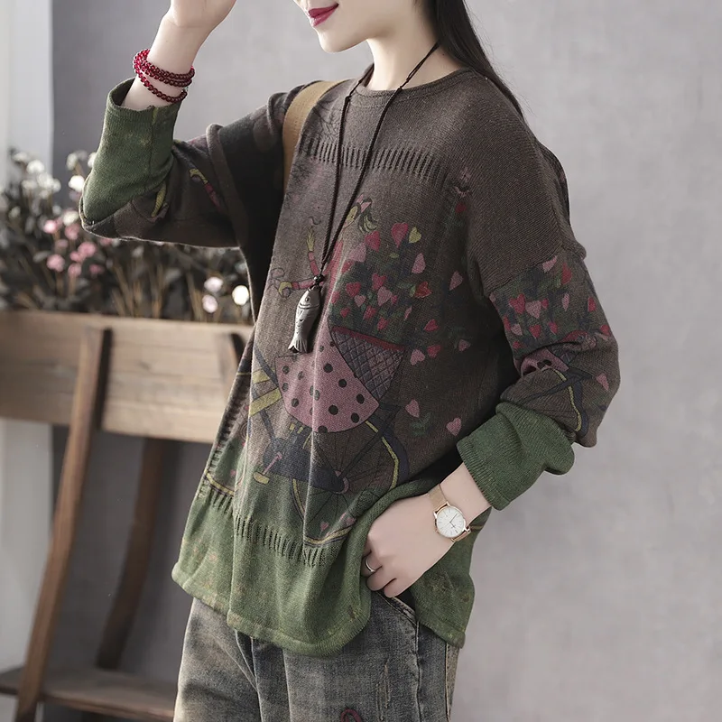 Vintage Character Sweater Women Floral Printed Loose O-Neck Collar Pullovers Full Sleeve Knitted Tees Fashion Wild Sweaters | Женская