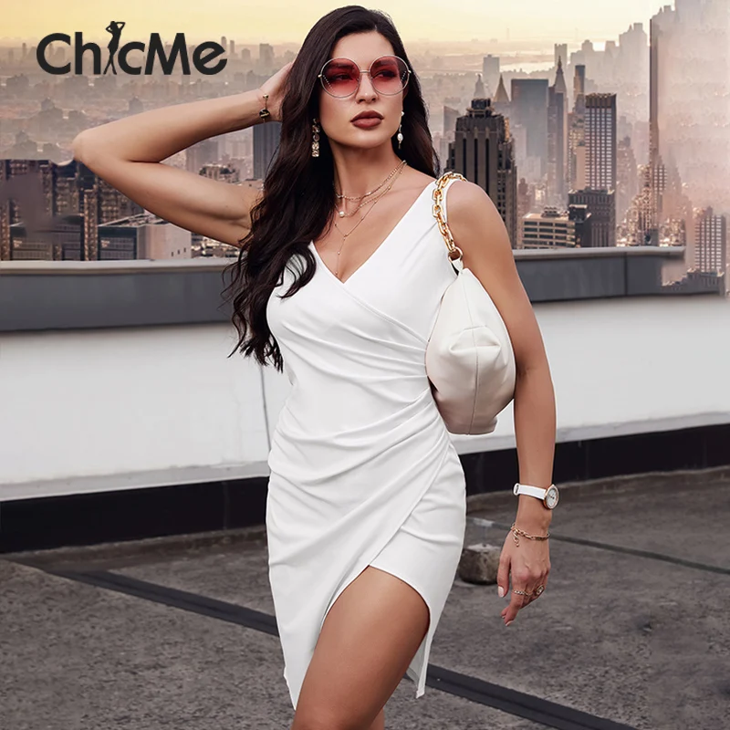 

Chicme Summer Women Knee Length Plain Sleeveless Wrap Ruched Slit Bodycon Dress V neck Party Sexy 2021 Casual Elegant Vestidos C