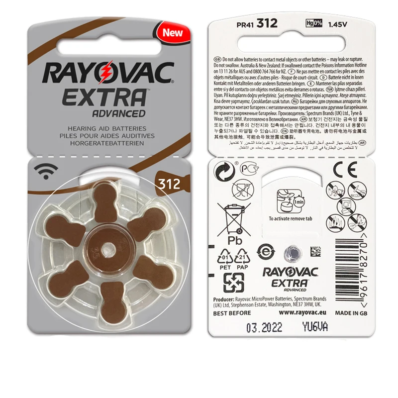 Батареи слухового аппарата 6 шт./1 карта RAYOVAC EXTRA-A312/312/PR41 цинк воздушный аккумулятор 1,45 в размер 312 диаметр 7,9 мм толщина 3,6 мм