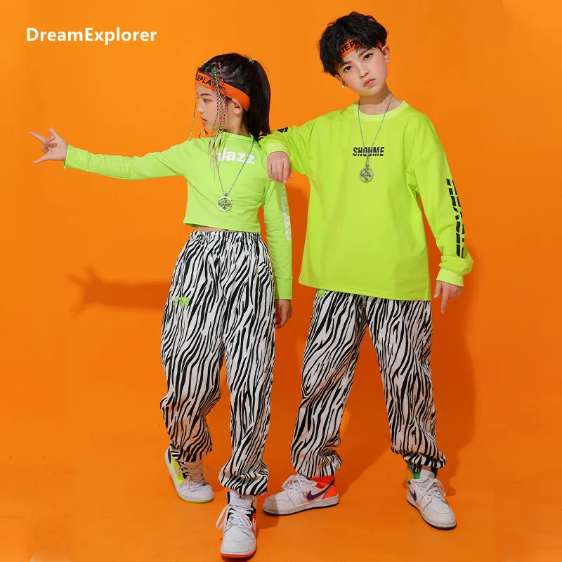

Boys Hip Hop Sweatshirt Girls Crop Top Joggers Street Dance Wear Clothes Set Child Striped Pants Streetwear Kids Jazz Tracksuit
