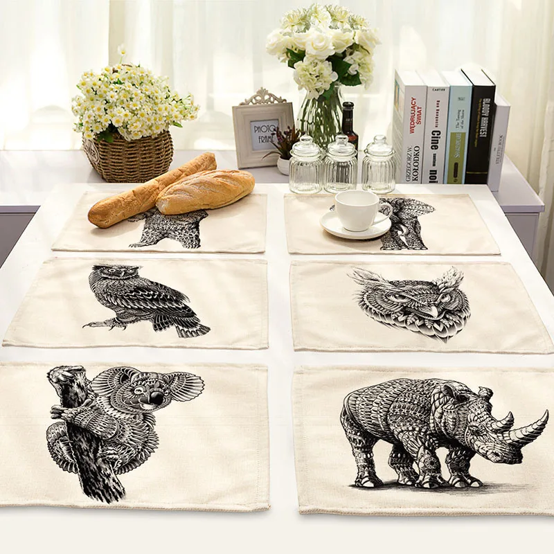

Placemats For Table Tableware Cotton Linen Hot Pad Bowls Dishes Mats Sketch Animals Print Drink Coaster For Banquet Bar Decor