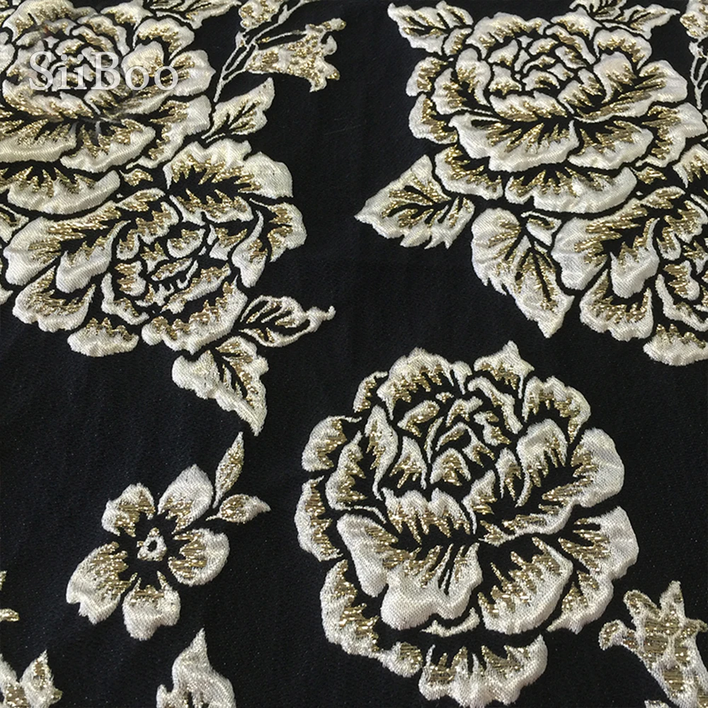 Европейский стиль плотная черная парча ткань с коричневой золотой нитью