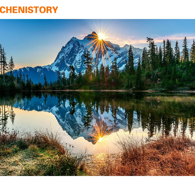CHENISTORY Снежная гора DIY Набор для рисования по номерам пейзаж краски на холсте краски ing каллиграфический домашний Декор стены художественная картина