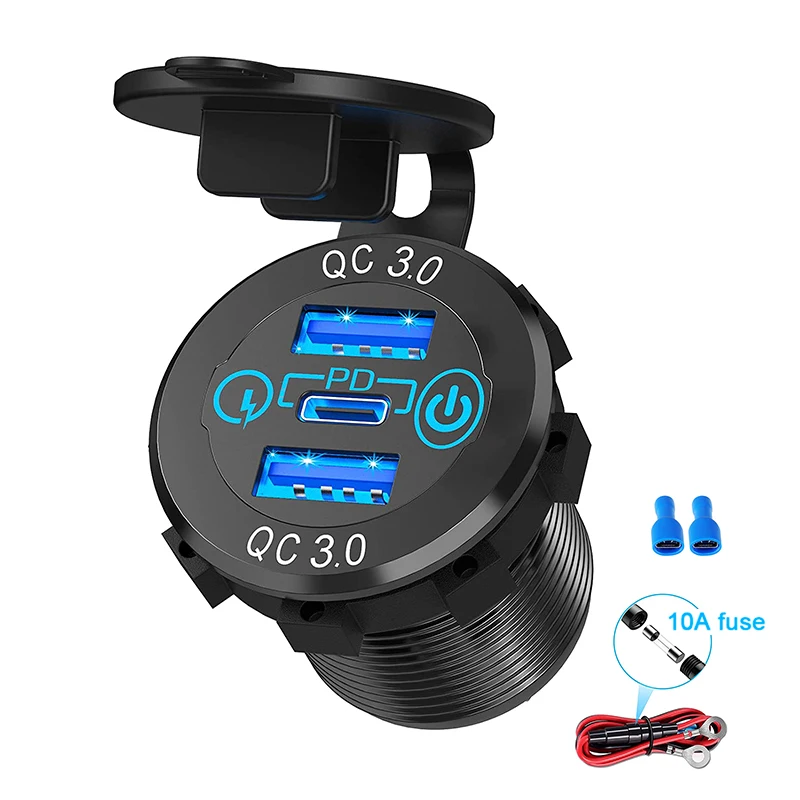 12V/24V Triple Aluminum Metal 60W USB-C Multiple Car Charger Socket PD3.0 & Two QC3.0 Ports with Touch Switch Fast Car Adapter