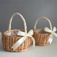1pcs woven flower basket rattan storage basket flower girl hand basket handmade flower basket with bow