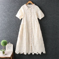 3d daisy flower surface embroidery lace patchwork lacing single breasted short sleeve cotton dress 2021 summer