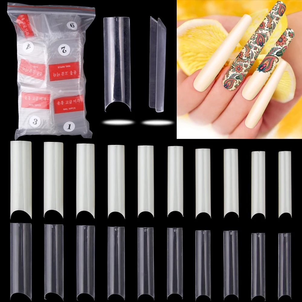 

500Pcs/Bag Extra Long Coffin Nail Tips Transparent C Curve Straight Square Half Cover False Nails Acrylic Salon Manicure Tools
