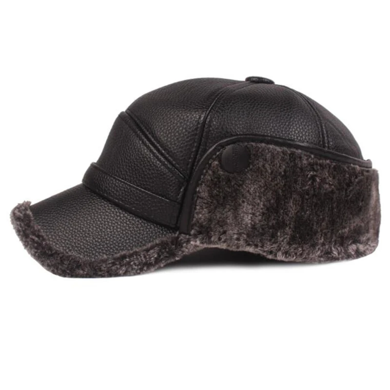 

Keep Warm Winter Hats Fashion Men Leather Baseball Cap Outdoor Soft Plush Warm Visors Hat Ear Protection Skiing Hat