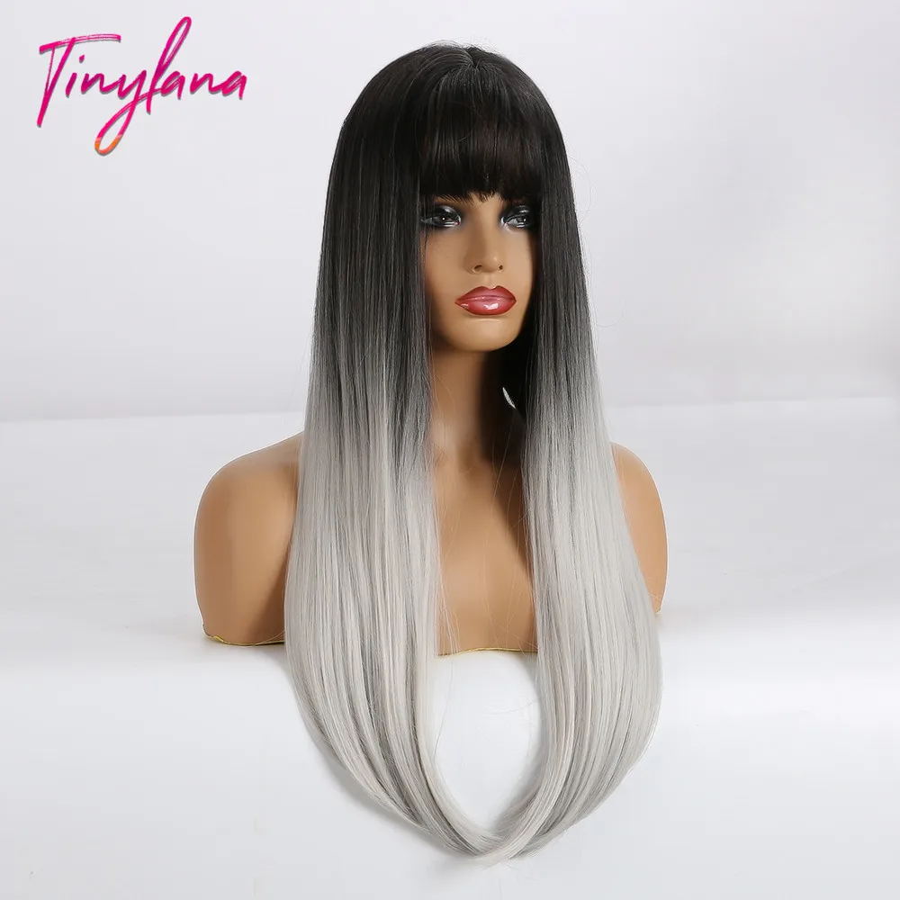 Крошечный Лана длинные Красочные прямые синтетические парики Черный Омбре