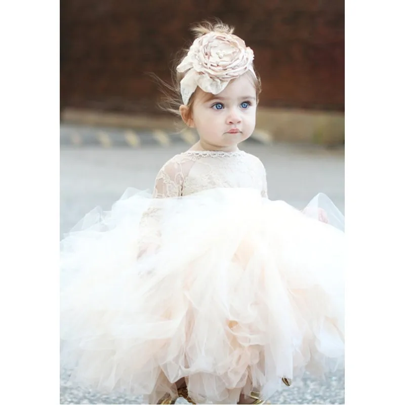 Vintage Flower Girls' Dresses Ivory Baby Infant Toddler Baptism Clothes Long Sleeves Lace Tutu Ball Gowns Birthday Party Dress |