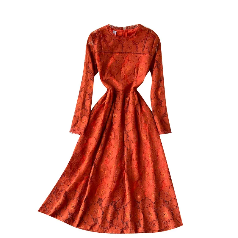 

Ladies dress light mature style 2021 new spring dress temperament round neck waist slim long sleeve lace dress