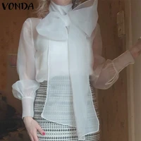 vonda elegant womens lace blouse shirts elegant long sleeve high neck see through transparent blouse bowknot shirts party tops