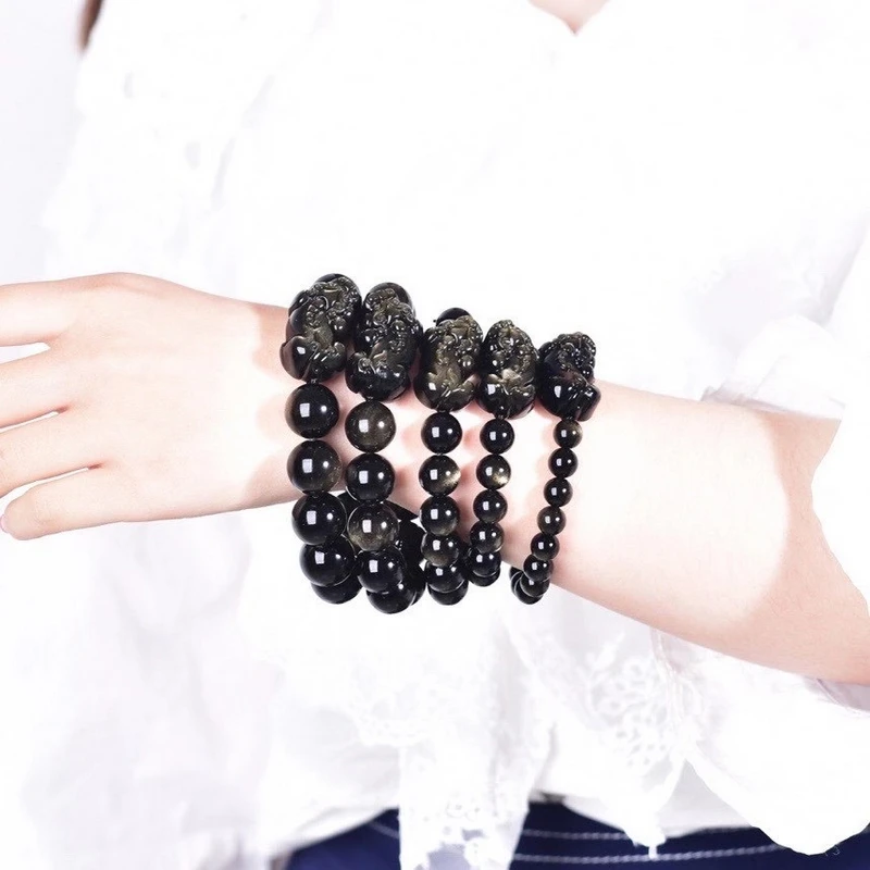 

Natural crystal Golden obsidian bracelet 8-16 mm amulet round bead elastic bracelet Wealth Good Luck Bracelet Men Women Chain